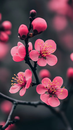 Bright pink flowers display their beauty on a branch in a sunny garden. This spring scene captures the essence of nature in full bloom, inviting admiration and joy.の素材