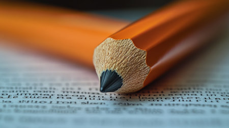 A sharpened yellow pencil rests on the pages of an open book, showing printed text. Soft light enhances this tranquil moment of study or reflection.の素材