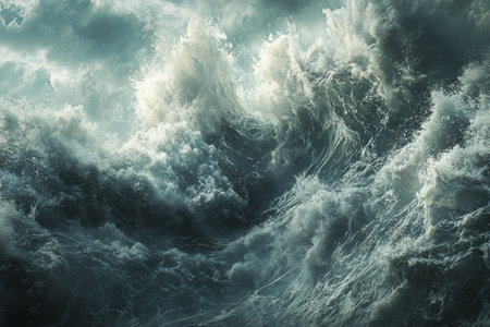 Powerful blue waves rise dramatically, crashing against the shoreline under a cloudy sky. The scene captures the raw beauty of nature in late afternoon light.の素材
