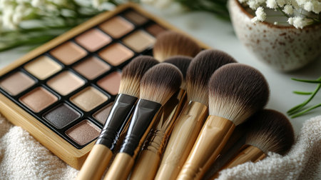 A collection of makeup brushes and a large eyeshadow palette are displayed on a white marble surface.の素材