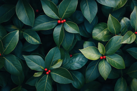 Clusters of green leaves display a range of ripening berries in shades of red and yellow, creating a rich tapestry of color during the autumn season.の素材