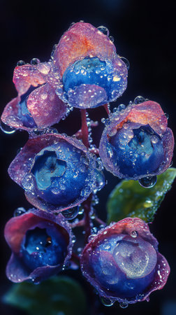 Clusters of fresh blueberries glisten with water droplets after recent rain. The vibrant fruits are surrounded by rich green leaves, offering a natural and refreshing look.の素材