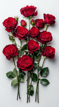 A bouquet of vibrant red roses is displayed gracefully against a clean white background, perfect for celebrations, gifts, or home decor projects.の素材