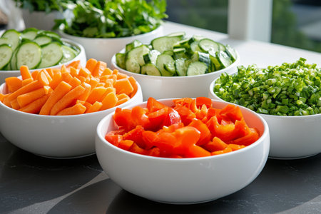 Brightly colored vegetables such as carrots, cucumbers, bell peppers, and green onions are neatly arranged in bowls on a kitchen countertop, showing freshness and variety.の素材