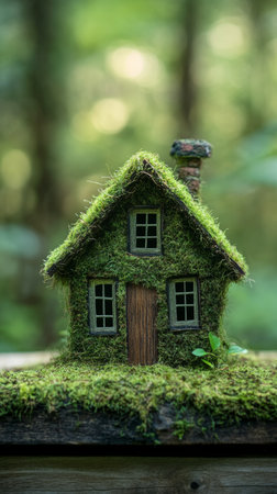 A small straw house adorned with a lush grass roof sits on a wooden platform. The vibrant greenery contrasts with the natural materials, showcased in a softly lit environment.の素材
