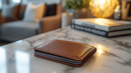 Four stylish leather wallets in different colors are positioned on a marble countertop. The soft textures and unique hues create an appealing display in bright, natural light.の素材