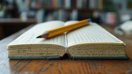 An orange pencil is placed on a grid-patterned notebook page, showing its sharp tip and vibrant color. The background features a softly lit study space.の素材