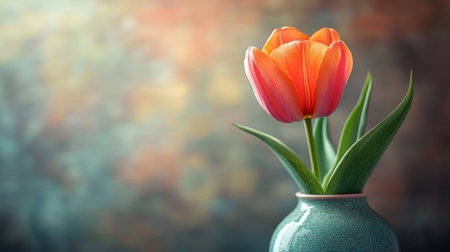 A vibrant orange tulip stands tall in a simple green vase, showing its delicate petals against a softly blurred, warm background that enhances its beauty.の素材