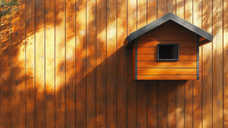 A charming birdhouse, crafted from rich wood, is attached to a textured wooden wall. The warm sunlight creates beautiful shadows, enhancing the tranquil atmosphere.の素材
