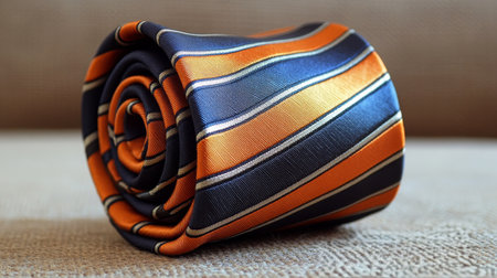 A rolled striped tie featuring vibrant orange and navy colors sits elegantly on a neutral background. Ideal for formal events or adding flair to professional attire.の素材