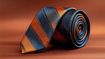 A rolled striped tie featuring vibrant orange and navy colors sits elegantly on a neutral background. Ideal for formal events or adding flair to professional attire.の素材