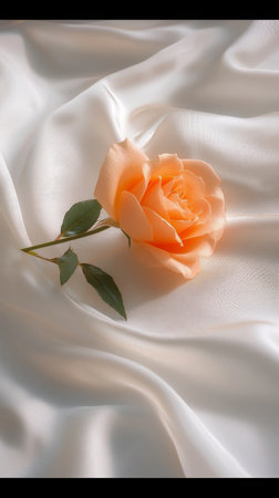 A stunning orange rose rests gracefully on soft silk fabric, showing its intricate petals and delicate color, surrounded by gentle folds and a hint of green leaves.の素材