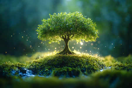 A vibrant green tree stands on a lush moss-covered mound, surrounded by a soft, glowing light, creating a peaceful atmosphere in the forest.の素材