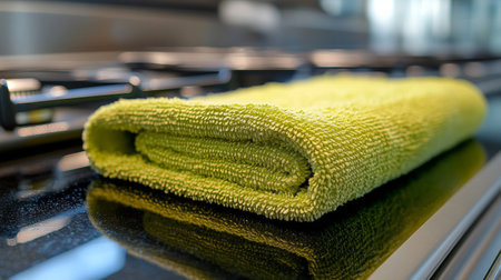 A bright green kitchen towel is neatly rolled and placed on a sleek stove. The metal grates and reflective surface highlight its vibrant color in a contemporary kitchen setting.の素材
