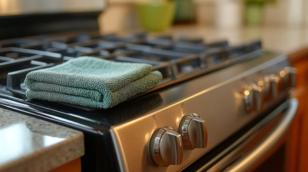 A bright green kitchen towel is neatly rolled and placed on a sleek stove. The metal grates and reflective surface highlight its vibrant color in a contemporary kitchen setting.の素材