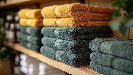 Freshly folded towels in shades of yellow and green are neatly stacked on wooden shelving, adding a touch of color and warmth to the home decor space.の素材
