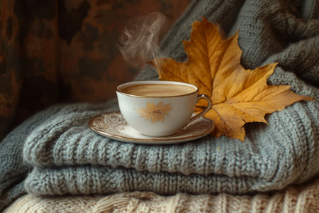 A steaming cup of coffee sits on a decorative saucer, accompanied by a large autumn leaf, resting on soft, knitted blankets in cozy autumn tones.の素材