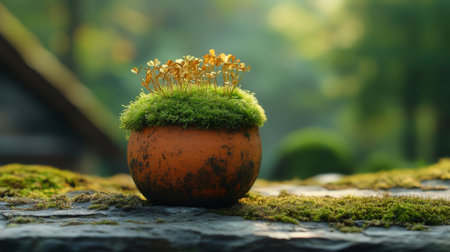A small turquoise pot holds a cluster of bright yellow flowers atop lush green moss, placed on a textured surface surrounded by a tranquil garden atmosphere.の素材