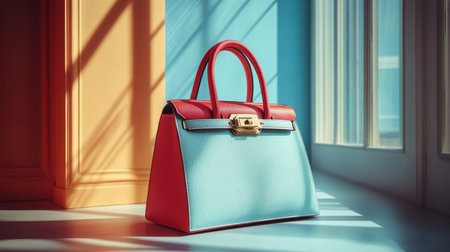 A chic handbag rests elegantly on a surface, illuminated by vibrant sunlight, showing its unique blend of colors and design.の素材