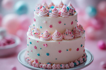 A stunning three-tiered wedding cake adorned with delicate pink roses and floral accents sits on a round pedestal. Soft pastel colors and light decor enhance the celebratory atmosphere.の素材