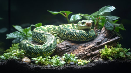 This serene terrarium features a snake coiled among lush plants, rocks, and driftwood, creating a vibrant habitat that mimics its natural surroundings.の素材