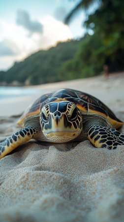 A sea turtle lies on soft sand, gazing at the camera, while waves gently lap at the shore. Lush hills provide a scenic backdrop during the tranquil evening.の素材