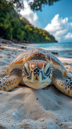 A sea turtle lies on soft sand, gazing at the camera, while waves gently lap at the shore. Lush hills provide a scenic backdrop during the tranquil evening.の素材
