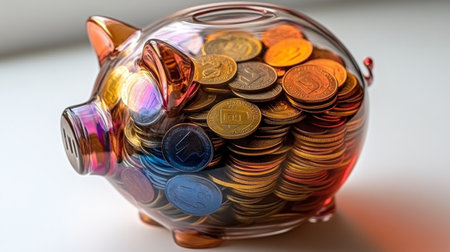 A colorful glass piggy bank filled with various coins sits on a plain surface, showing a creative approach to saving money and managing finances in an artistic way.の素材