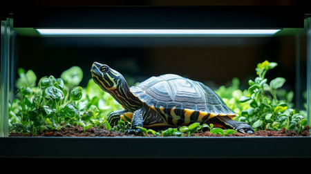 A turtle is leisurely resting on vibrant green plants in a spacious aquarium. The tank is illuminated by bright lights, enhancing the colors of the turtle's shell.の素材