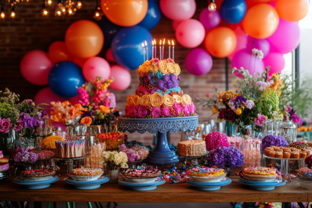 Colorful birthday cake topped with lit candles sits on a table, surrounded by balloons and scattered confetti, creating a joyful party atmosphere.の素材