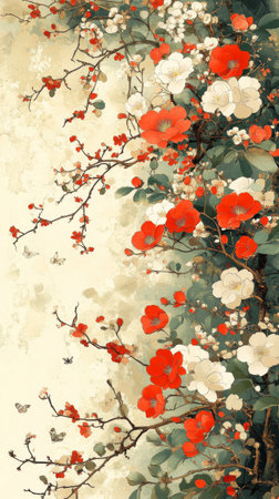 Vibrant red roses and delicate white blossoms create a stunning floral pattern on a soft beige background, enhancing any interior decor with natural beauty and color.の素材