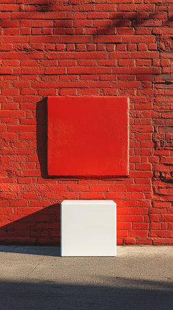 A simple white box stands against a bold red brick wall in an urban area, illuminated by natural daylight. The contrast highlights the box's design and texture.の素材