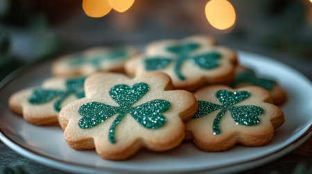 Colorful shamrock-shaped cookies with sparkling green decorations rest on a simple plate, perfect for spring festivities or St. Patrick's Day gatherings, adding joy to any celebration.の素材