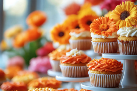 A field of bright orange tulips stretches towards the horizon, illuminated by a warm sunrise. Fluffy clouds float gently in the clear sky, enhancing the tranquil atmosphere.の素材