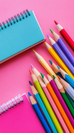 A collection of vividly colored pencils stands upright against a bright pink surface, showing an array of colors. Some pencils are scattered nearby, enhancing the playful atmosphere.の素材
