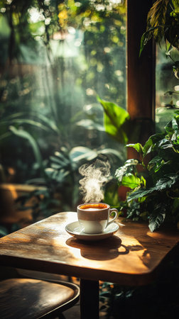 A steaming cup of coffee sits on a wooden table, surrounded by lush green plants, creating a tranquil atmosphere filled with natural light and warmth.の素材
