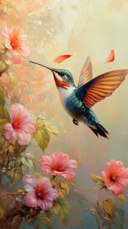 A hummingbird hovers near brightly colored flowers in a lush garden. Sunlight filters through the blooms, creating a serene atmosphere filled with nature's beauty.の素材