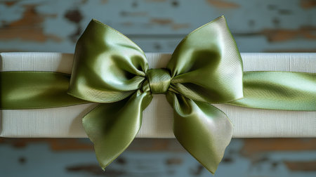 A beautifully wrapped gift box features a glossy green satin bow tied in a perfect knot, resting on a weathered wooden surface that adds character to the composition.の素材