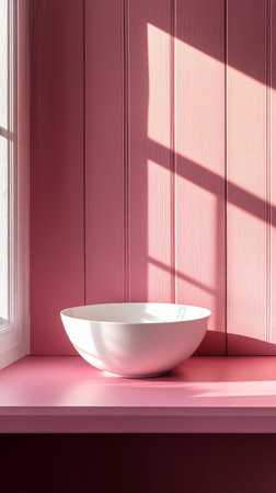 A minimalist white bowl with simple decorative branches sits on a pastel pink countertop. Natural light streams in through the window, enhancing the serene atmosphere.の素材