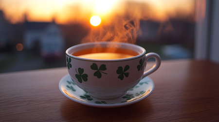 A steaming cup of tea rests on a saucer, surrounded by vibrant flowers and lush greenery in a tranquil garden, evoking a peaceful afternoon experience.の素材