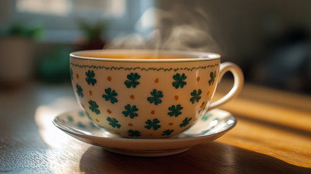 A steaming cup of tea rests on a saucer, surrounded by vibrant flowers and lush greenery in a tranquil garden, evoking a peaceful afternoon experience.の素材