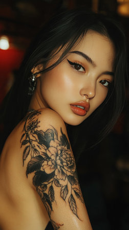 A woman with striking tattoos showcasing intricate floral designs sits in an indoor space. Her relaxed expression and the play of light accentuate the details of her body art.の素材