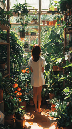 A young woman stands amidst lush greenery in a botanical garden, gazing thoughtfully around her. The sunlight filters through glass, illuminating the vibrant plants.の素材