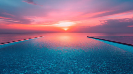 Vibrant hues of orange and pink fill the sky as the sun sets over an infinity pool. The serene water reflects the colors, creating a peaceful atmosphere by the ocean.の素材