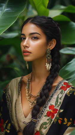 A young woman showcases traditional attire adorned with stunning jewelry. Lush green leaves create a vibrant background, enhancing her graceful presence.の素材