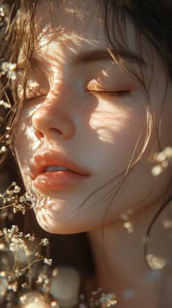 A young woman with delicate freckles and closed eyes experiences peace while surrounded by vibrant red flowers. Soft natural light enhances her serene expression.の素材