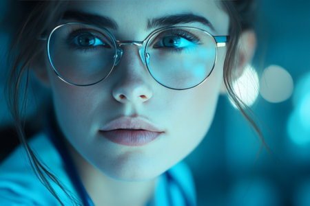A young woman with glasses and a stethoscope around her neck gazes thoughtfully while standing in a well-lit environment, reflecting determination and focus.の素材