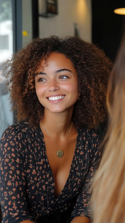 A woman with curly hair and glasses smiles warmly while talking to another person in a bright environment, suggesting a friendly and lively interaction during a social event.の素材