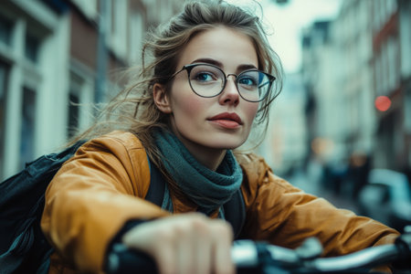 A young woman with glasses and a stylish jacket rides her bicycle along a quiet urban street. The background features blurred buildings and soft autumn light.の素材