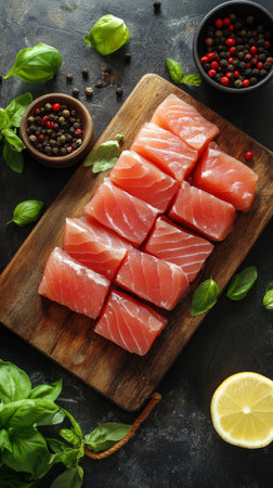 Salmon fillets are beautifully displayed on a wooden board, garnished with a sprinkle of herbs and pepper, ready for cooking or serving. The setup emphasizes freshness and quality.の素材